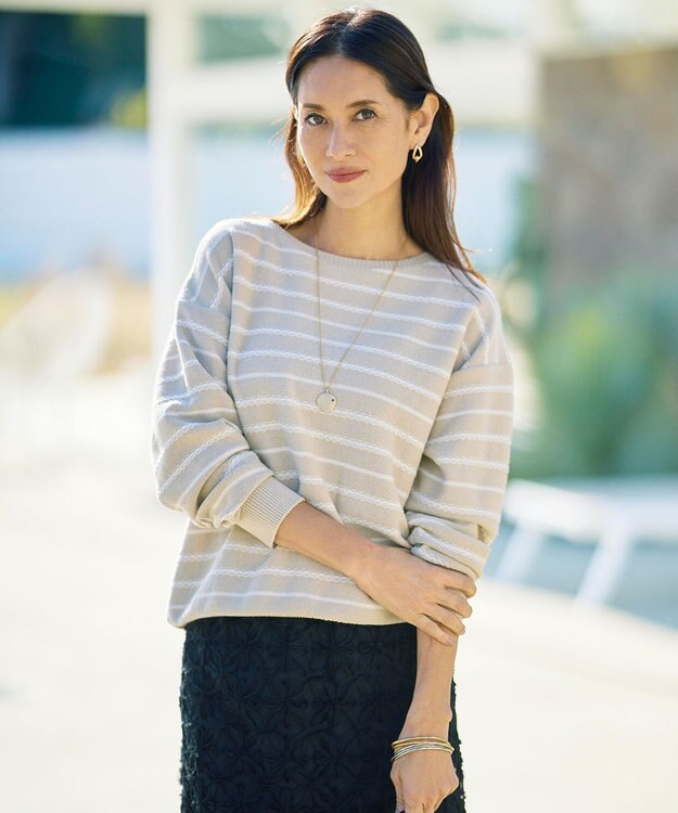 自由区 【ベーシック・着回し抜群】コットンポリミドルゲージボーダー ニット ベージュ×オフ