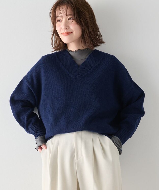 ANY ラムウールＶネックプルオーバー ダークブルー