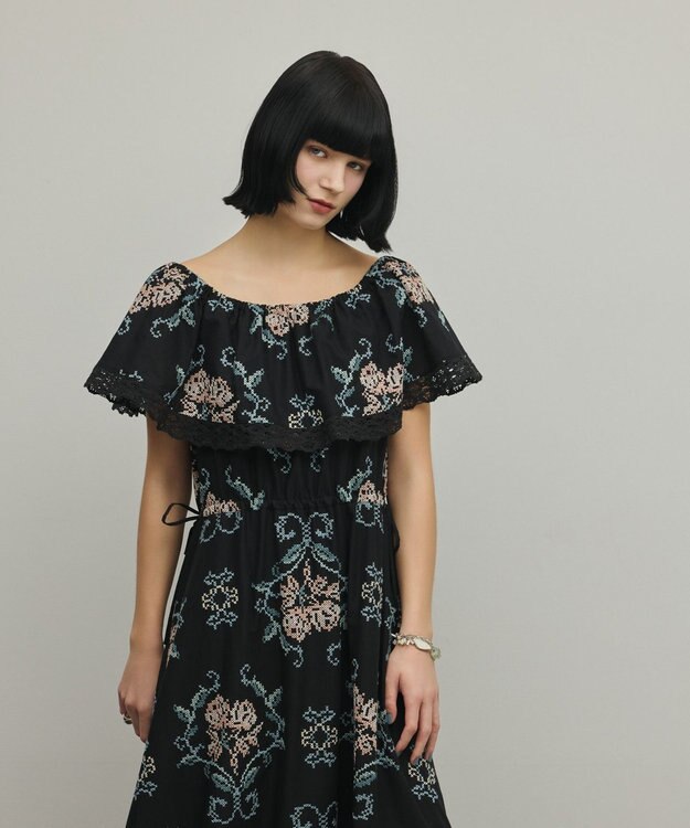 GRACE CONTINENTAL レースコンビクロスステッチワンピース ブラック