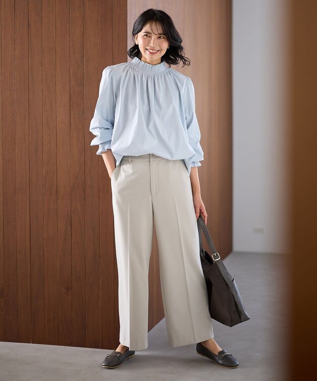 ANY L 【洗濯機可/ストレッチ/ウエストゴム/裏起毛】マルチファンクションストレッチワイドパンツ サンドベージュ