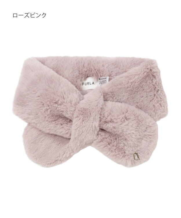 MOONBAT FURLA（フルラ）プチリボンマフラー  アーチロゴ フェイクファー ローズピンク
