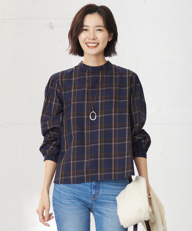 J.PRESS LADIES 【洗える】綿セルロースクリアチェック ボリューム袖 ブラウス ネイビー系3