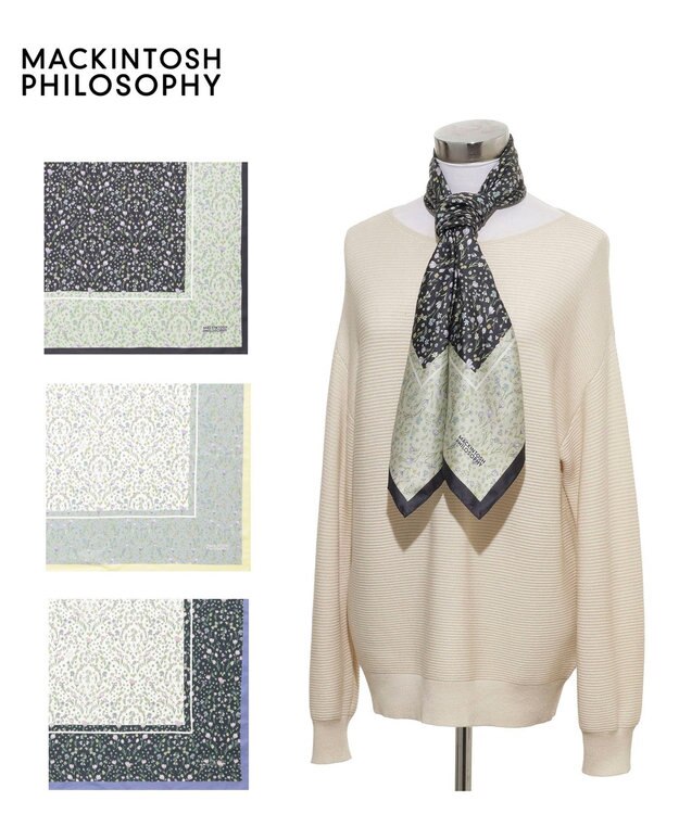 MOONBAT 【シルク100%】MACKINTOSH PHILOSOPHY(マッキントッシュ フィロソフィー）小花柄 シルクプリントスカーフ 日本製 68cm×68cm  UV対策 ベージュ