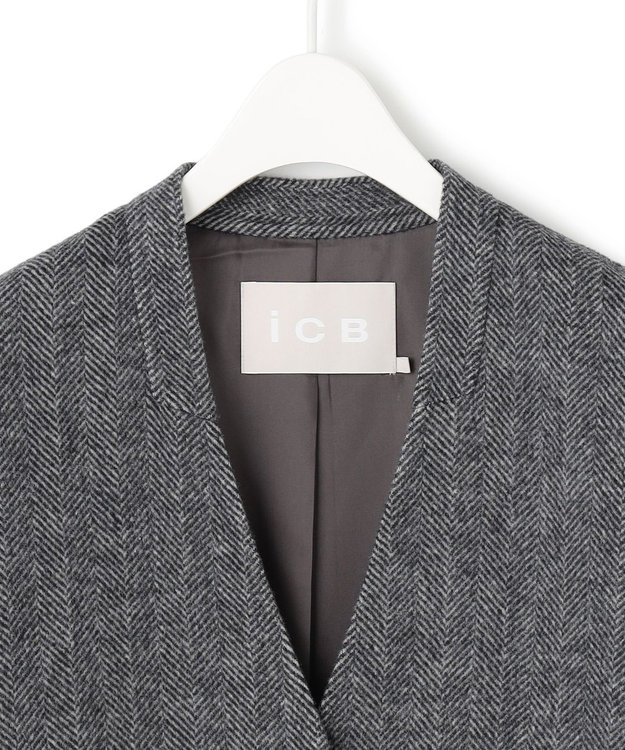 ICB WoolRever ノーカラーショートコート ヘリンボーン系