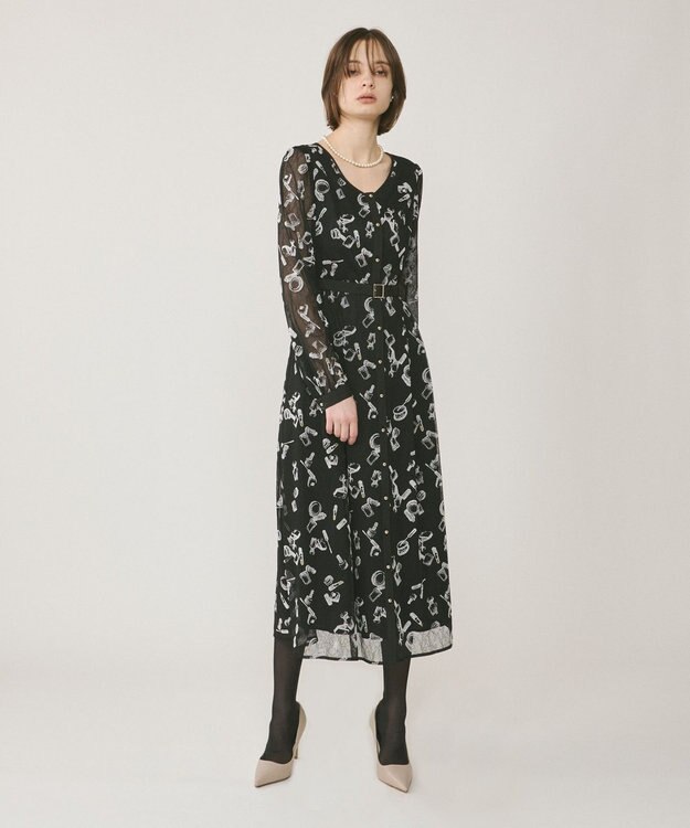 GRACE CONTINENTAL コスメフロッキープリントワンピース ブラック