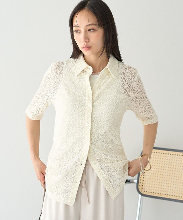 earth music&ecology ストレッチレース襟付シャツ Off White