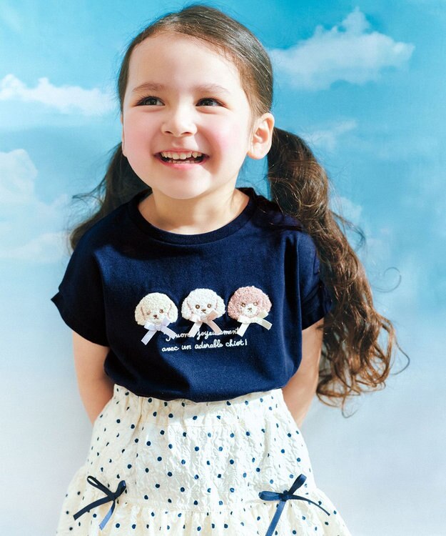 ANY KIDS 【綿100%】ひんやり フレンチスリーブ サガラ刺繡Tシャツ ネイビー×イヌ