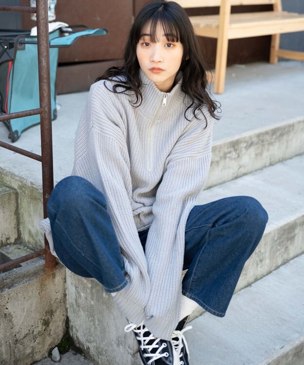 WEGO ルーズフィットハーフZIPプルオーバー ライトグレー