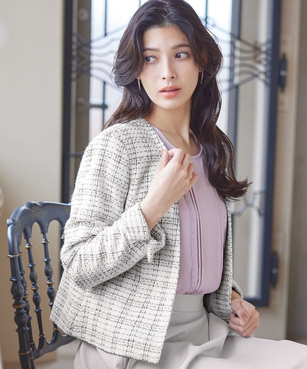 Tiaclasse L 【洗える】ラメチェックツイードジャケット オフホワイト