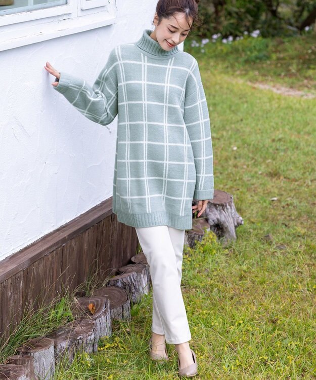 Tiaclasse 【洗える】チェックジャガードニットチュニック ミント