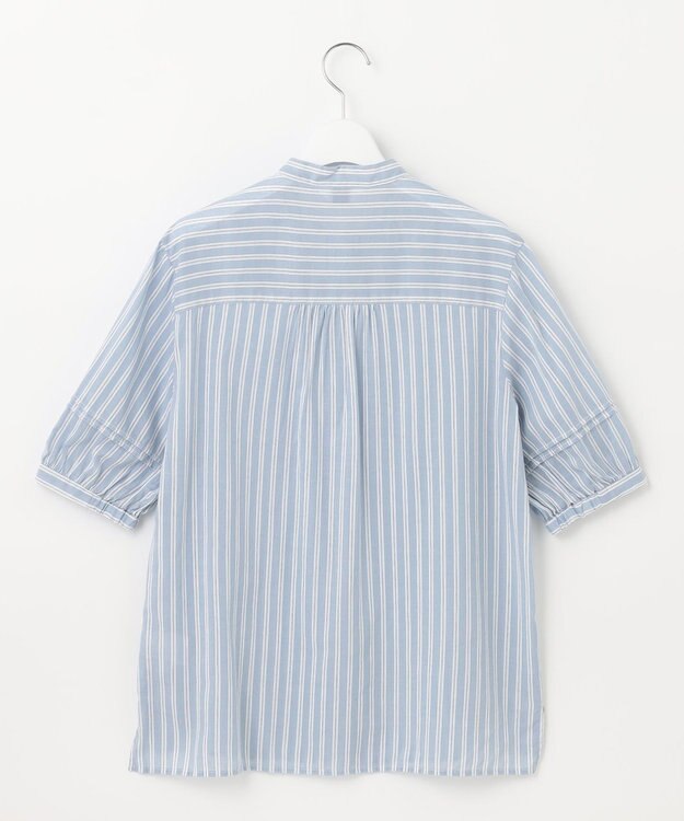 J.PRESS LADIES L 【洗える】綿キュプラコードストライプ バンドカラー ブラウス ブルー系1