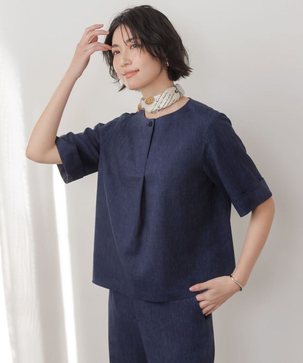 J.PRESS LADIES 【セット着用可】リネンバイオシャンブレー ブラウス ネイビー系