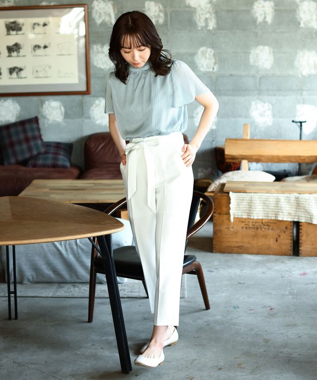 Tiaclasse 【洗える】大人上品なシフォンジャガードフリルカラーブラウス サックス