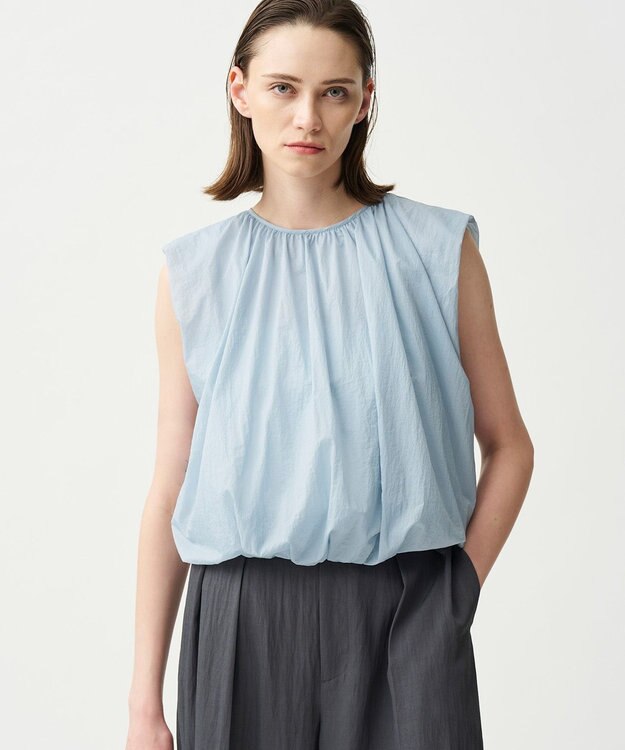 uncrave シアープルーフナイロン ギャザーブラウス サックス