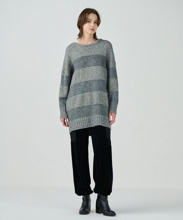 GRACE CONTINENTAL ラメボーダーニットトップ グレー