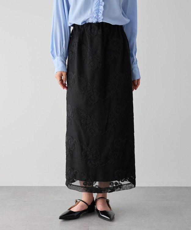 YECCA VECCA フラワー柄刺繍メッシュスカート Black