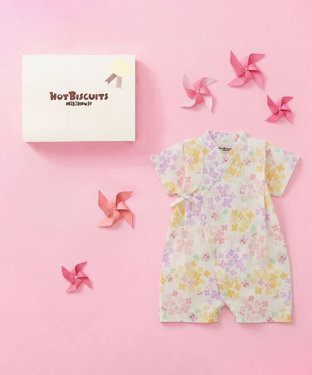 MIKI HOUSE HOT BISCUITS 総柄 ベビー甚平オール ギフトセット【BOX付き】 黄