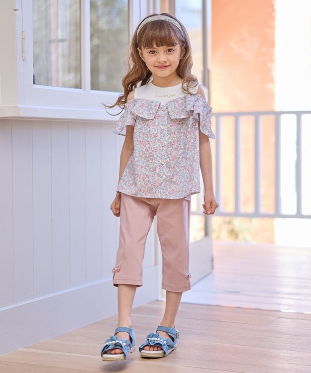 ANY KIDS オフショルダー フリル ブラウス サックスブルー系花柄