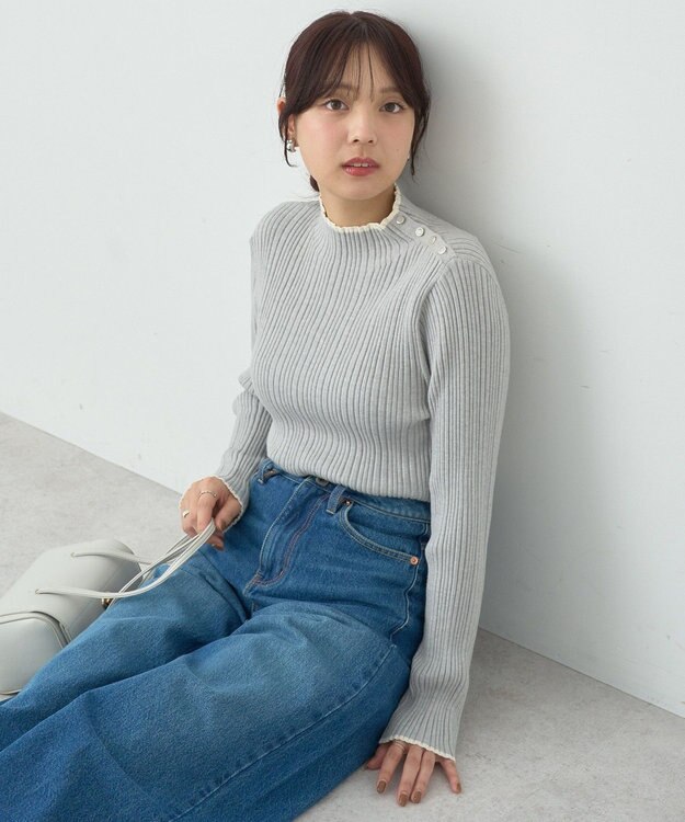 earth music&ecology ライン＆ショルダーボタンニットプルオーバー Gray Mixture