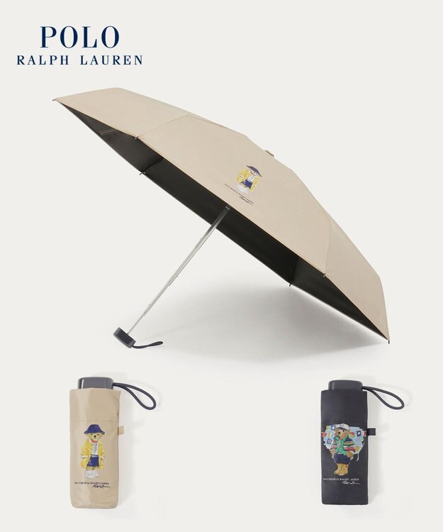 MOONBAT 【遮光率100％/UV100％/遮熱】POLO RALPH LAUREN(ポロ ラルフローレン)BEAR ポロベア ポーチ入り 無地 5段折りたたみ傘 晴雨兼用日傘 ベージュ