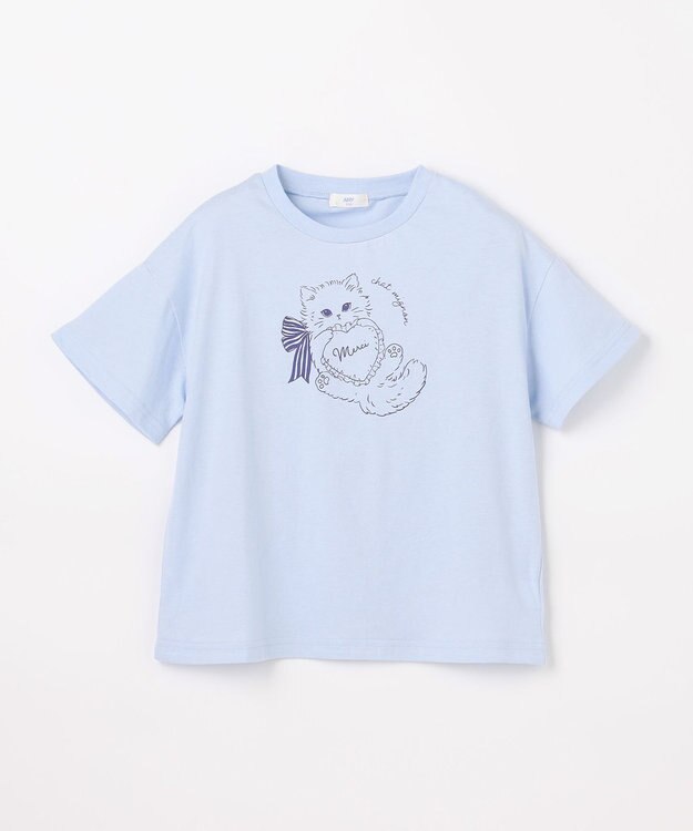 ANY KIDS 【綿100%/接触冷感】ひんやり オーバーサイズ アニマルTシャツ サックスブルー×ネコ