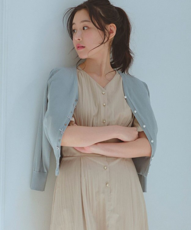 Feroux リボンパール七分袖 カーディガン ライトグリーン系