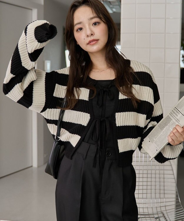 WEGO 【2024年秋冬新色カラー追加★】リボン2WAYカーデ ブラックボーダー