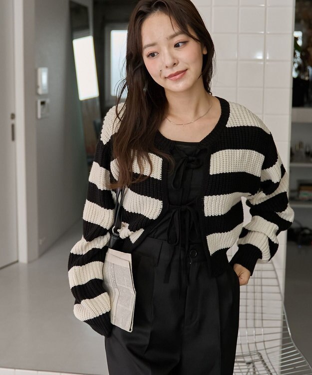 WEGO 【2024年秋冬新色カラー追加★】リボン2WAYカーデ ブラックボーダー