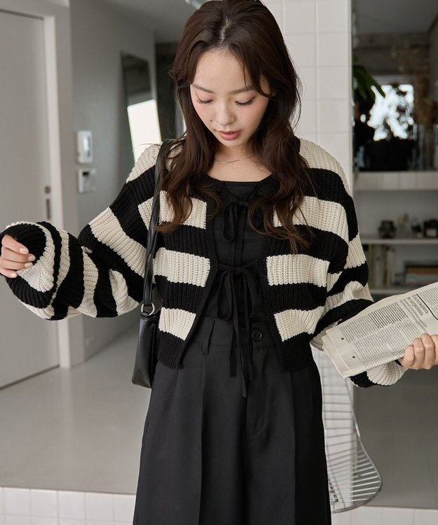 WEGO 【2024年秋冬新色カラー追加★】リボン2WAYカーデ ブラックボーダー