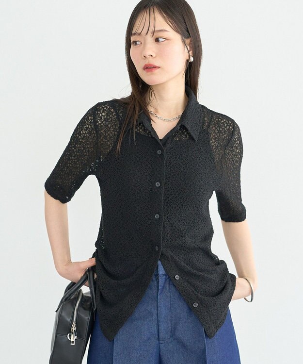 earth music&ecology ストレッチレース襟付シャツ Black