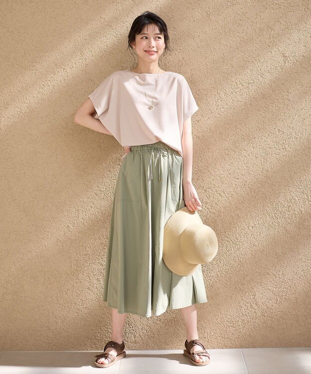 ANY 【ウエストゴム】ナイロンベイカーフレアスカート カーキ