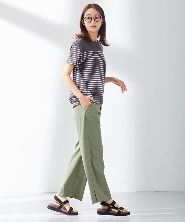 J.PRESS LADIES 【洗える】マイクロタイプライターストレッチ セミワイド パンツ スモーキーグリーン系