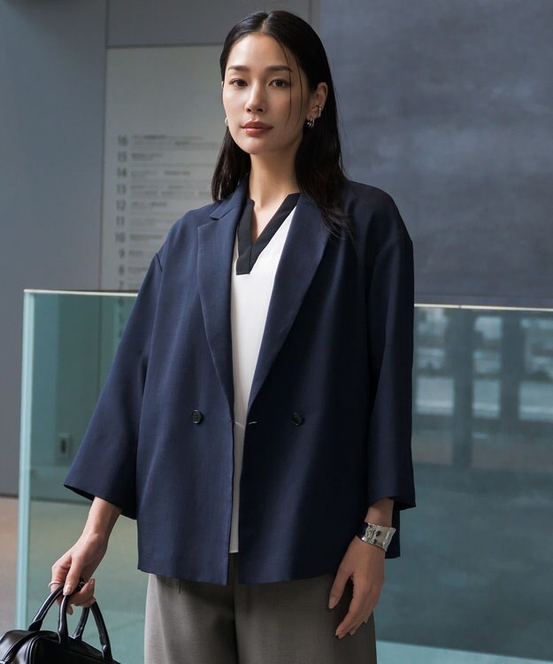 ICB ドライアセテートスラブ 8分袖ジャケット ネイビー