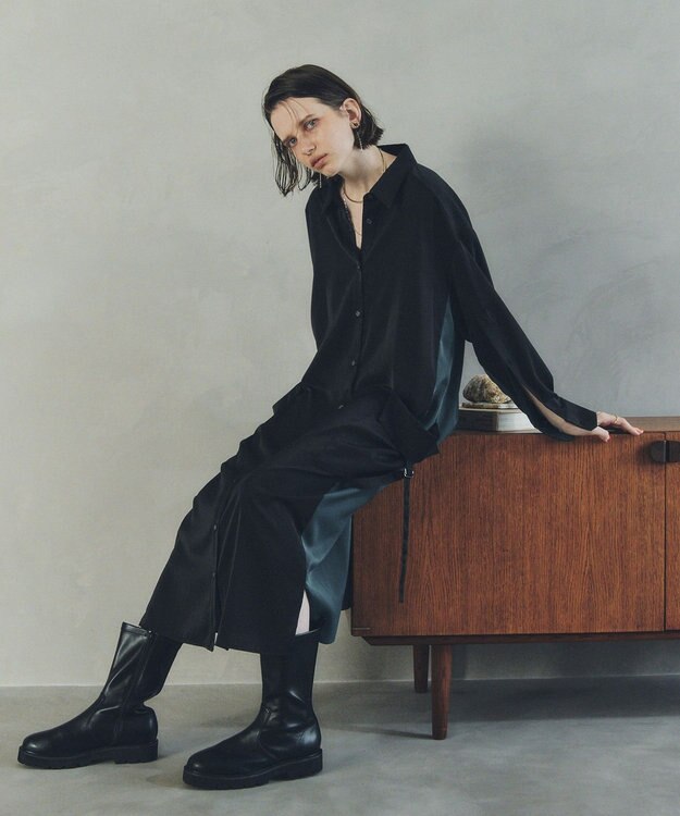 YECCA VECCA カーゴデザイン配色シャツワンピース Black