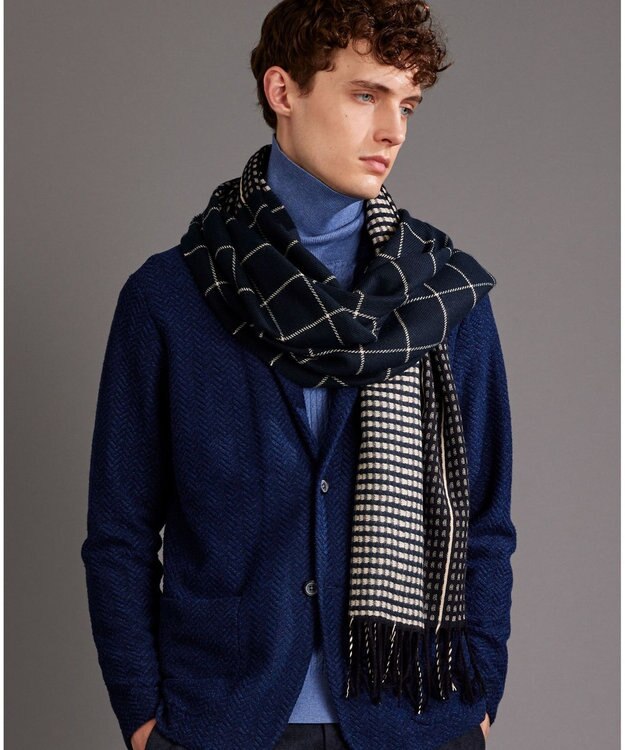 JOSEPH ABBOUD 【フランス製・リバーシブル】ウィンドウペン ストール ネイビー系4