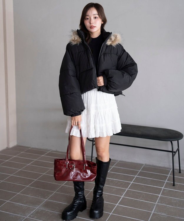 WEGO 【25年秋冬新作/SMサイズ展開】2WAYファーフードショートパファーブルゾン ブラック