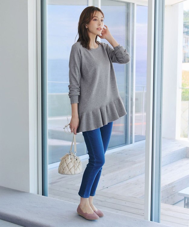 Tiaclasse L 【洗える】ななめフリルニットプルオーバー チャコールグレー