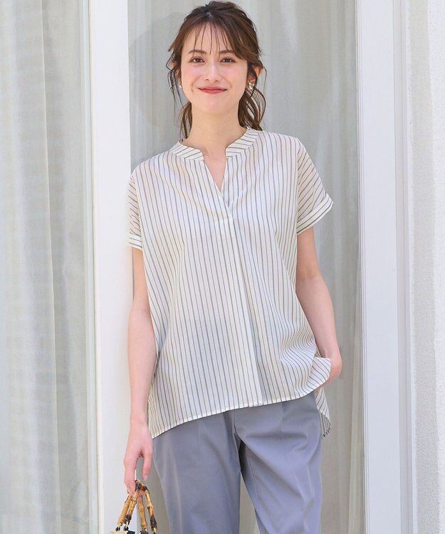 ANY SIS 【洗える】スキッパーイージー シャツ アイボリーストライプ