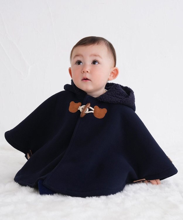 MIKI HOUSE HOT BISCUITS 【70-90cm】 お耳付きボアフリース ダッフルマント 紺