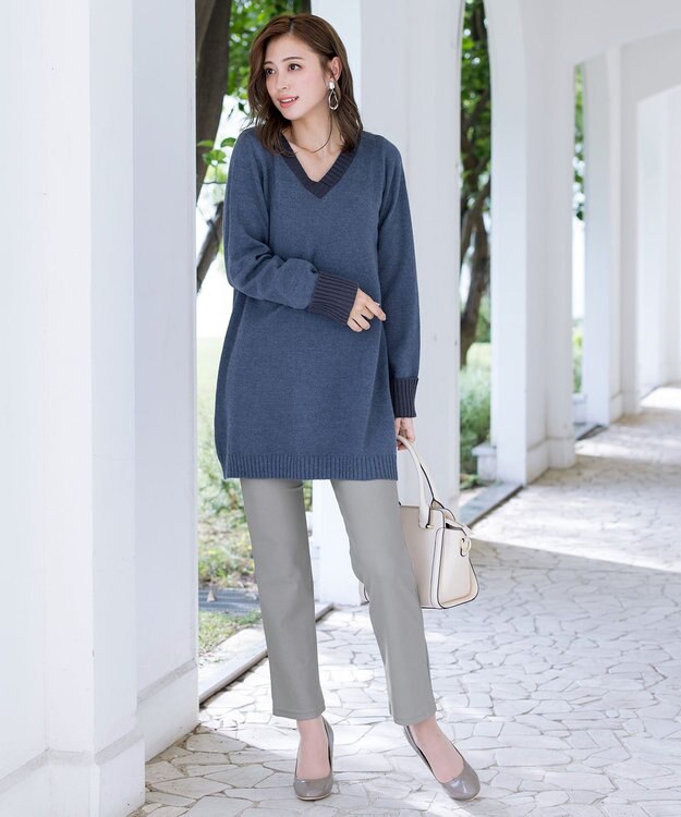 Tiaclasse 【洗える】Vネックリブニットチュニック ブルーチャコール