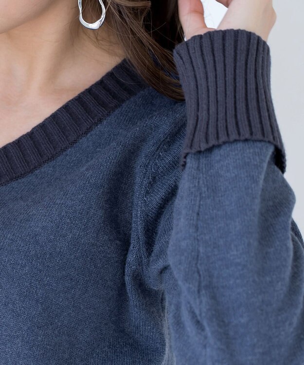 Tiaclasse 【洗える】Vネックリブニットチュニック ブルーチャコール