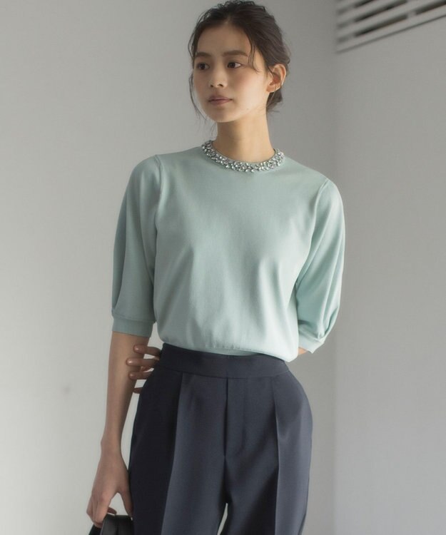 組曲 【WEB限定】ビジューパフスリーブ ニット ミントグリーン系