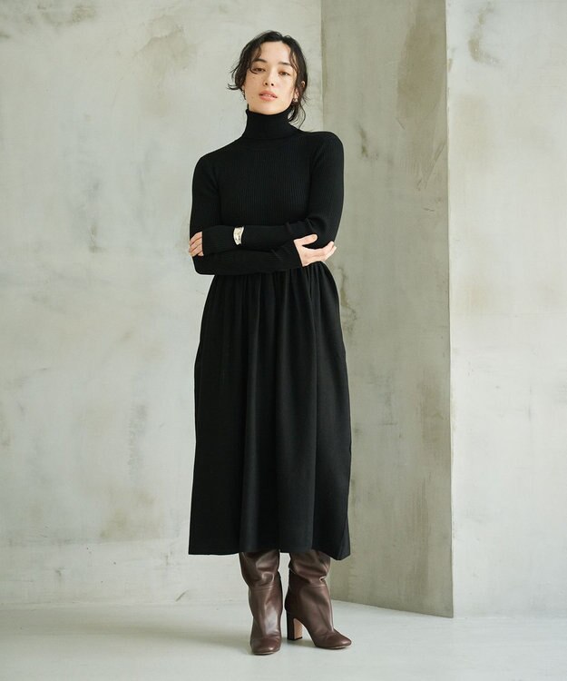 #Newans 【カシミヤ混】フィット＆フレアニットワンピース ブラック