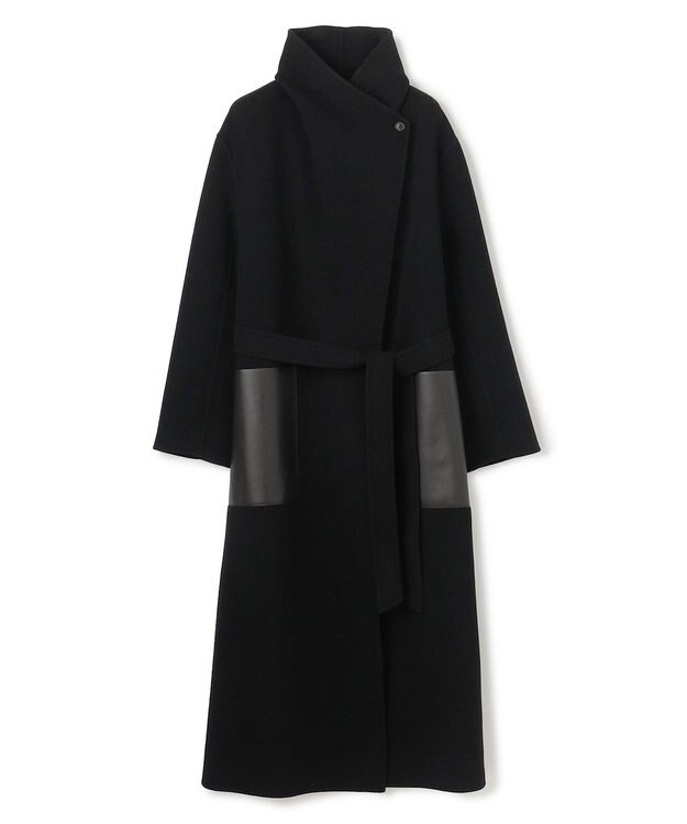 BEIGE， LEMOORE / ウールリバーフェイクレザーポケット付きコート Black