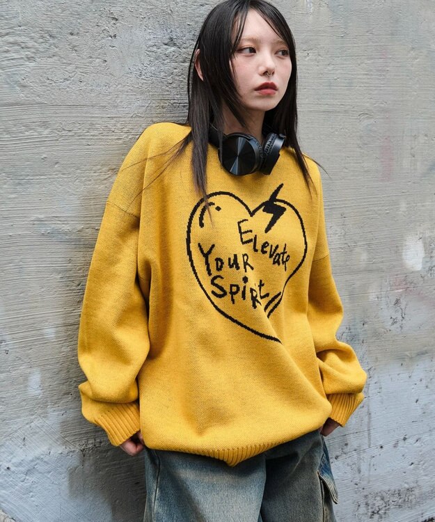 WEGO 【ユニセックス着用ITEM/SMLサイズ展開】ジャガードグラフィックプルオーバー イエロー