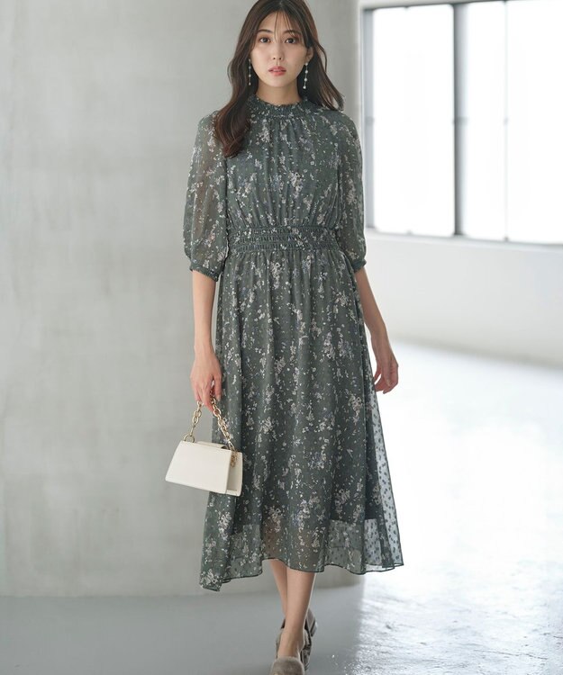 ANY SIS 【洗える】ニュアンスプリント ワンピース グリーン系