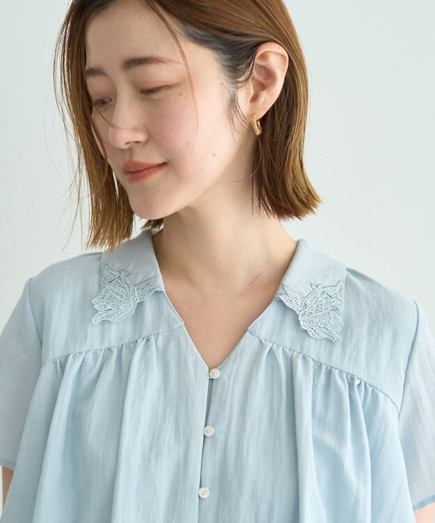 YECCA VECCA 刺繍カラーバルーンヘムブラウス Sax