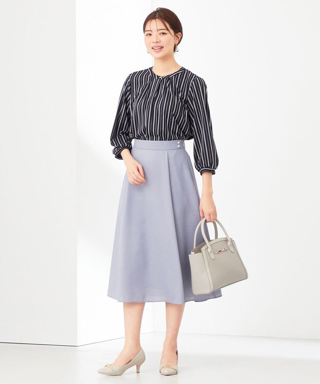 ANY SIS 【接触冷感・吸水速乾・UVケア】エアリードレープスムース 七分袖ブラウス ネイビーストライプ