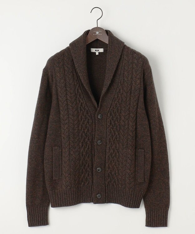 JOSEPH ABBOUD 【イタリア糸使用/軽く暖かい】 ラムウールケーブル柄ショールカラーカーデ カーキ系