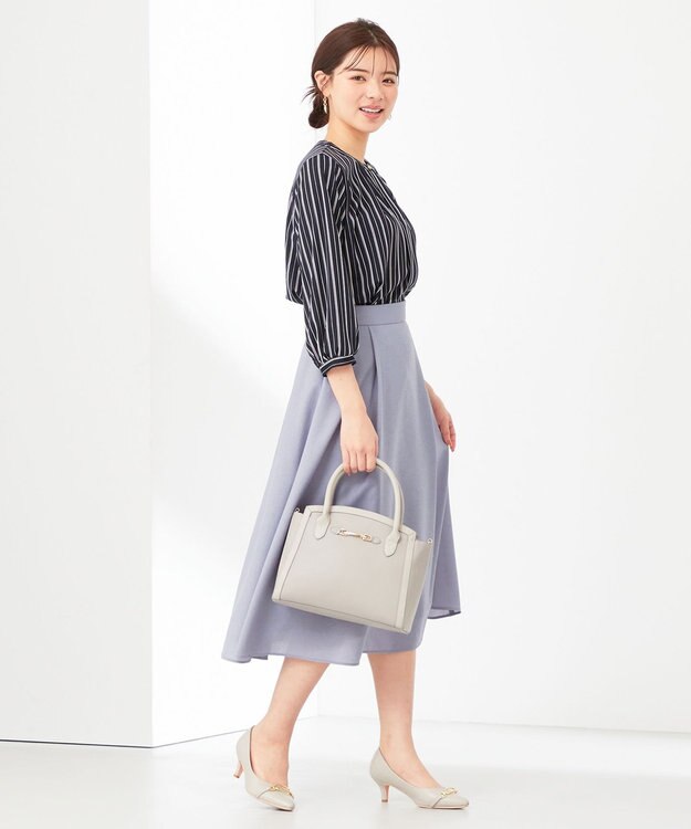 ANY SIS 【接触冷感・吸水速乾・UVケア】エアリードレープスムース 七分袖ブラウス ネイビーストライプ